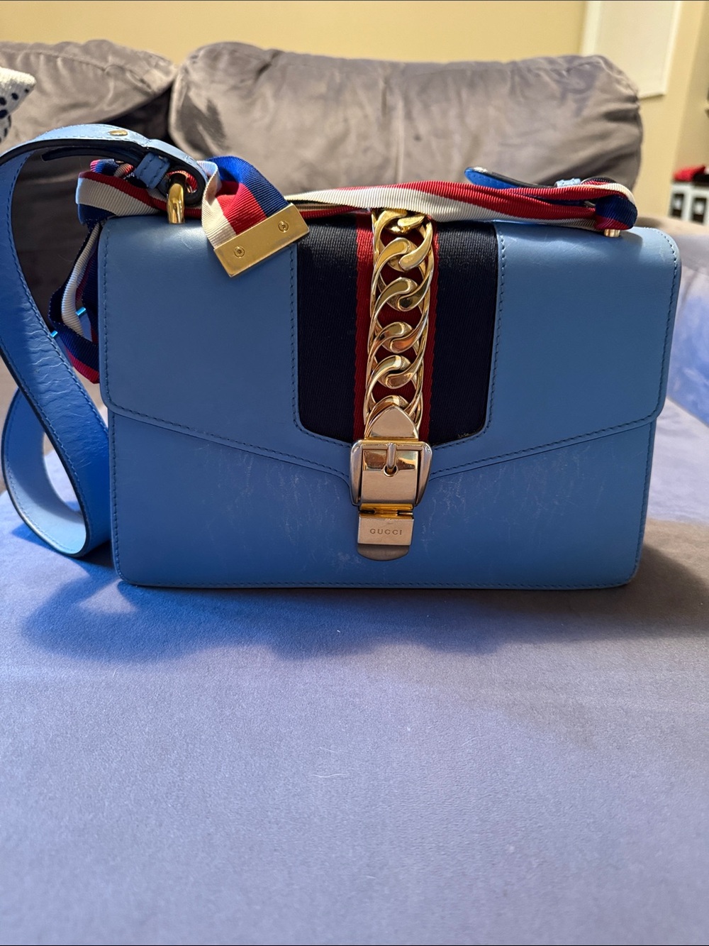 Light Blue Leather Crossbody with Gold Chain and Tricolor Strap